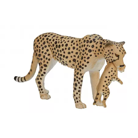 Figura de juguete de guepardo hembra con cachorro pintada a mano de Mojo para colección y juego.