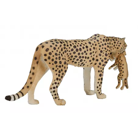Figura de juguete de guepardo hembra con cachorro pintada a mano de Mojo para colección y juego.